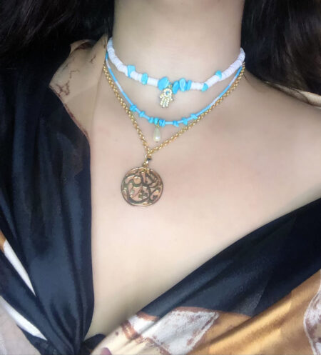 Handmade High Quality Set Of 3 Pieces Plated Gold Mashallah Pendant Fimo Beads And Semi Precious Stones -  مجموعة من 3 قطع قلادة ماشاء الله مطلية بالذهب مع خرز فيمو وأحجار شبه كريمة صناعة يدوية عالية الجودة